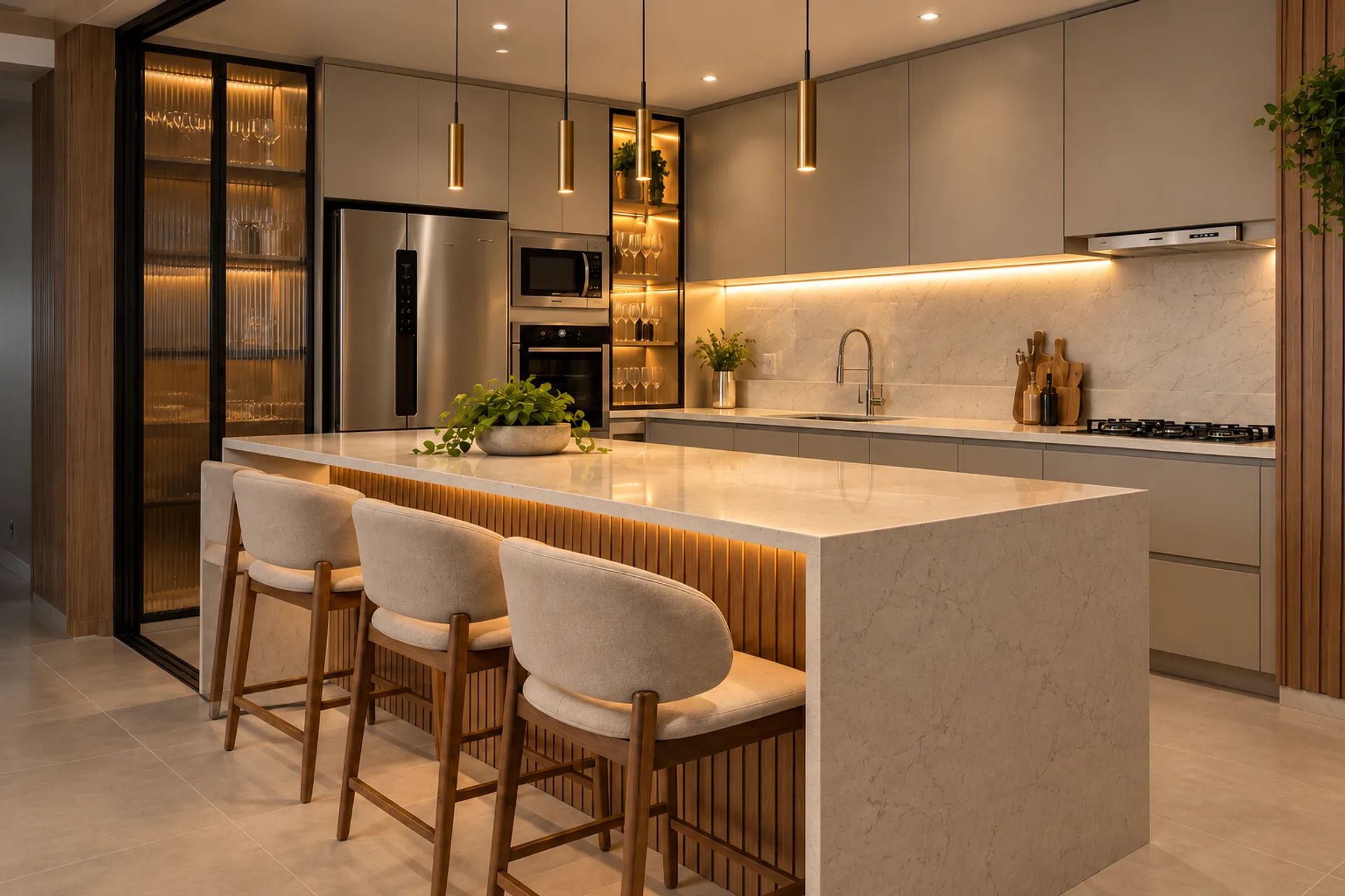 Cozinha planejada com ilha, banquetas e pendentes dourados